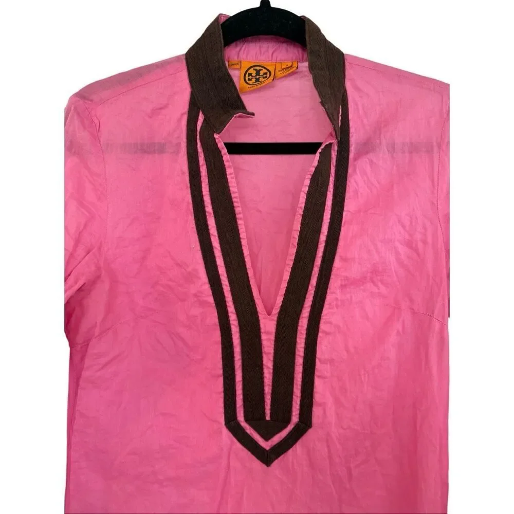 Tory Burch Womens Pink Long Sleeve Cotton Kaftan Tunic Cover-up Dress Size